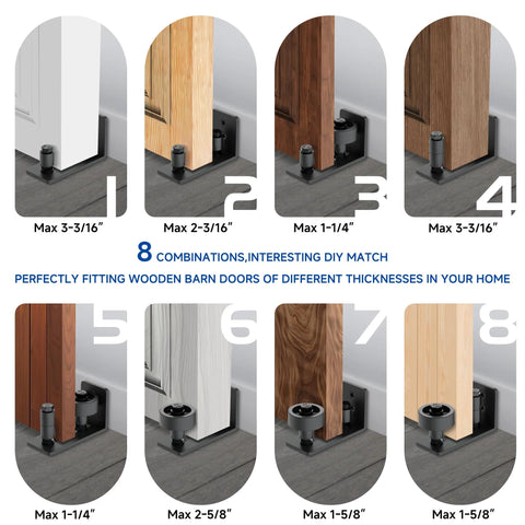 Various installation options of Sliding Barn Door Floor Guide With Wall Mount Stay Roller And Eight Setup Options Adjustable Flush Flat Bottom Door Guides Non Scratch Barn Door Hardware Kit With Felt Strips Two Pack.