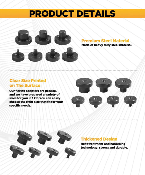 Product details of a 7 Piece Double Flare Adapters Set For Three Sixteenths To Five Eighths Tubing showing steel adapters.