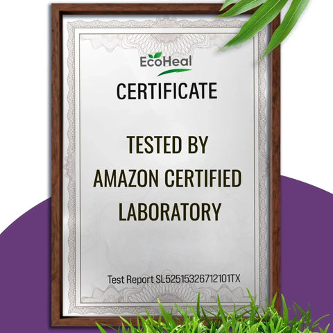 Certificate from EcoHeal tested by Amazon certified lab, framed with green leaves around.