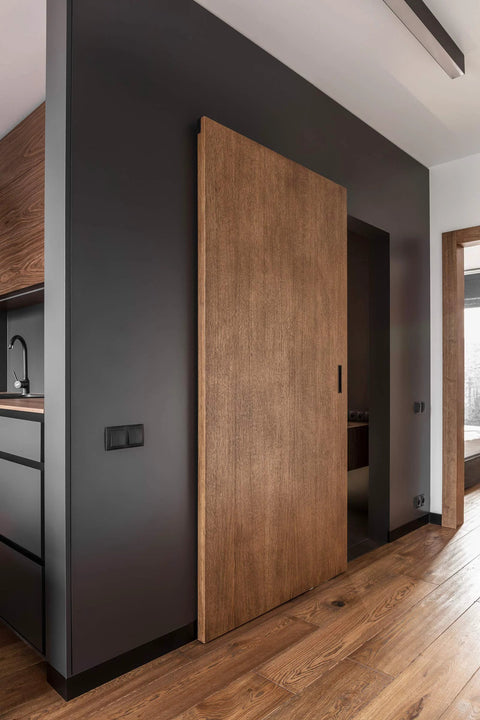 Floating Door System Pro Grade Sliding Track Kit With Concealed Barn Door Hardware Patented Designs Made In Italy installed view