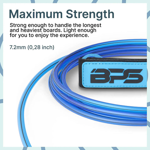 Close-up of Storm 8mm Surfboard Leash 8 Ft Premium Leg Rope with blue BPS branding, stainless steel swivels, dark blue color