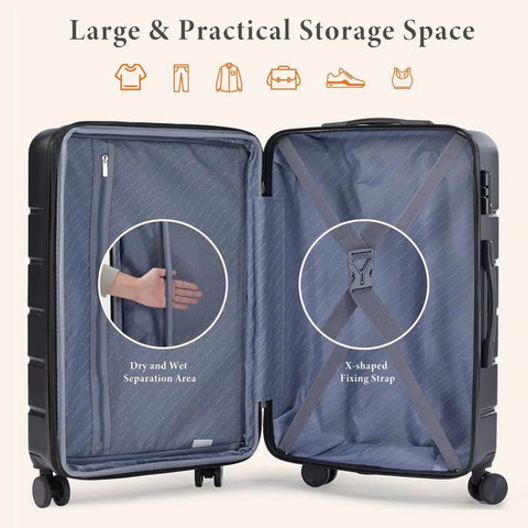 Interior view of No Fuss Travel Carry On Luggage With Dual Spinner Wheels And Hard Shell ABS Lightweight Expandable 20 Inch Rolling Suitcase With TSA Lock In Bronze Black featuring compartments and storage straps.