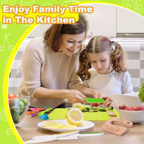 Mother and daughter using 46 Piece Kids Knife Set For Toddlers Real Cooking Skills Montessori Kitchen Toys With Safe Wooden Knife Crinkle Cutter Y Peeler Cutting Boards Cake Scrapers Serrated Kid Knives Measuring Spoons Cutting Molds Fruit Forks Great Gift For Boys And Girls