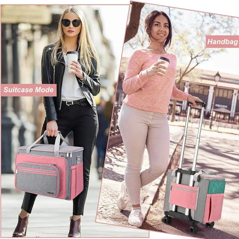 Two women using the Foldable Deluxe Rolling Sewing Machine Case With Wheels For Most Machines in suitcase and handbag mode outdoors