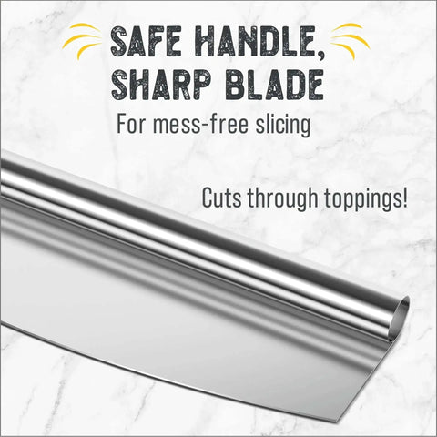 Close-up of 14 Inch Pizza Cutter Rocker Blade Heavy Duty Stainless Steel With Safe Plastic Sheath No Fuss Slice Every Time