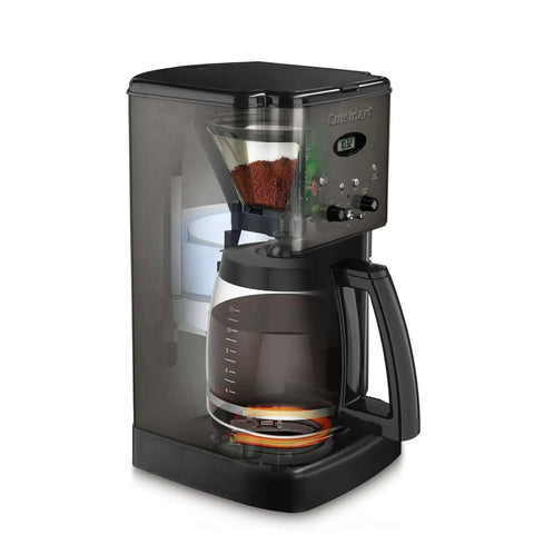 Side view of 12 Cup Brew Central Coffee Maker With Fully Auto Programmable Settings, black stainless steel, with carafe and digital display.