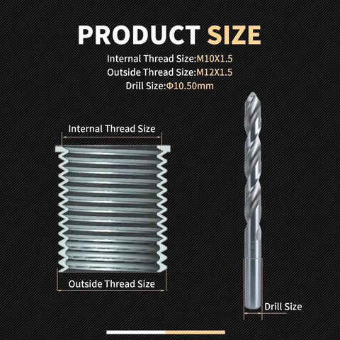 Pro Grade M10x1.5 Thread Repair Kit With 14mm Stainless Steel Inserts HSS Drill Tap Counterbore And Install Driver 10 Pieces Rebuild Stripped M10 Threads In Metal Automotive And Machinery Projects showing thread and drill sizes