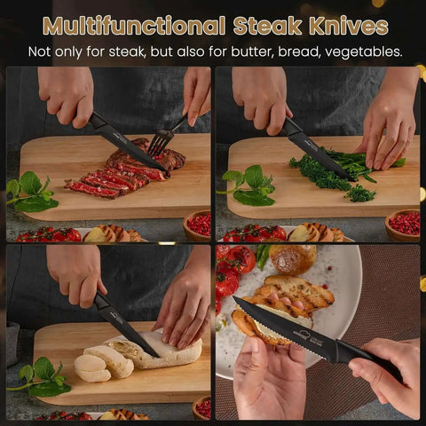 Eight Piece Steak Knife Set With Stainless Steel Serrated Blades, Rust Resistant Nonstick Coating, slicing meat and vegetables