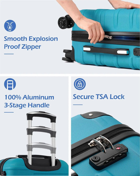 Lake Blue Three Piece Hardside Luggage Set By Coolife With TSA Lock, 360 Degree Spinner Wheels, Lightweight ABS Shell, showcasing telescoping handle and TSA lock.