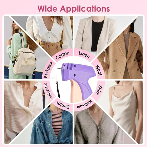 Quick Fix Gun For Clothes And Tagging Tool For Retail Repairs, Hemming And Fabric Fixes with fabric and garment applications shown