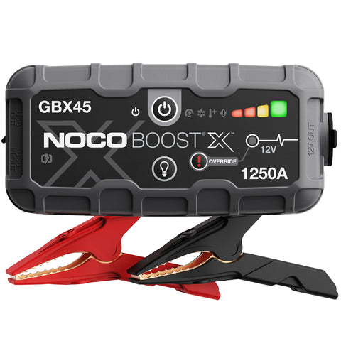 1250 Amp UltraSafe Jump Starter For 6.5L Gas And 4.0L Diesel Engines, portable jump box with jumper cables upright view.