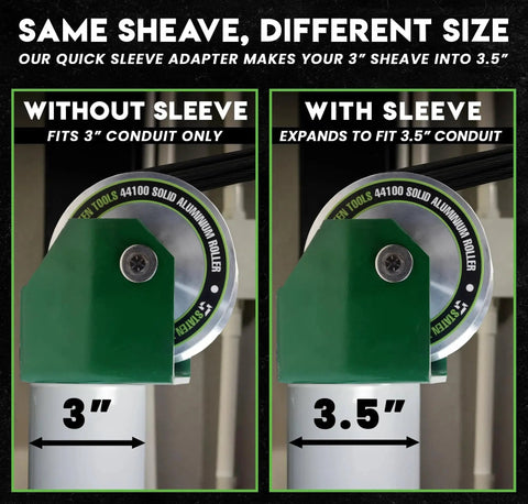 Feeding sheave adapter with sleeve; two-panel display shows 3.5 in and 3 in sizes on green housing (Staten Tools).
