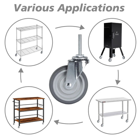 Heavy Duty 3 Inch Swivel Caster Wheels Set Of 4 With Five Sixteenth Inch Threaded Stem; uses on shelving and carts