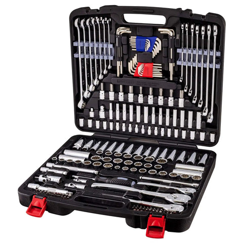 Heavy-Duty 200 Piece Mechanic Tool Set With 1/4, 3/8, And 1/2 Inch Drive Sockets, SAE And Metric in open case showing tools