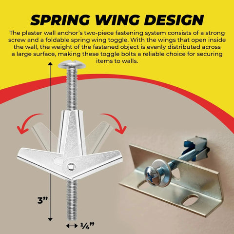 Spring Toggle Bolt Anchors Heavy Duty Wall Anchors For Hollow Walls Stainless steel toggle bolt and spring with measurements displayed