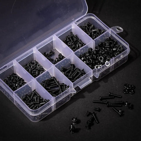 M2.5 Flat Head Machine Screws Set In Black Phillips, 620 Piece Assortment, Carbon Steel Bolts Nuts Kit in open storage box