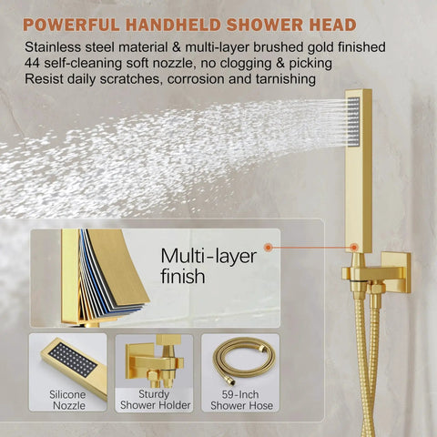 Powerful handheld shower head with 59-inch hose, silicone nozzle, gold finish, part of Gold Shower System With 10 Inch Rain Showerhead And Handheld Spray, Wall Mounted High Pressure Shower Head Set Including Valve And Trim, Brushed Gold Finish, 304 Stainless Steel Construction, Easy Install For A Spa Like Shower Experience By HoliSpa; shower holder visible