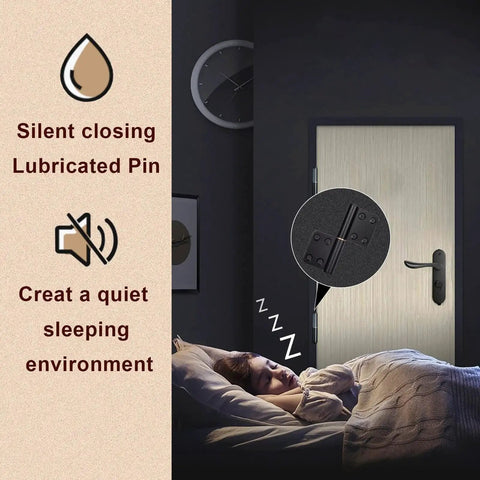 Lift Off 4 Inch Door Hinges Six Pack Black Durable Flag Hinges For Indoor Outdoor Use Detachable And Rust Resistant With 40 Lb Loading Capacity Screws Not Included Mozcorn Today Great Deal showing a hinge on a bedroom door with quiet closing feature.