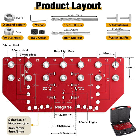 Diagram and layout of 2 In 1 Shelf Pin And Hinge Jig For Cabinets, Aluminum Alloy Drill Template With One Quarter Inch And 5mm Drill Bits