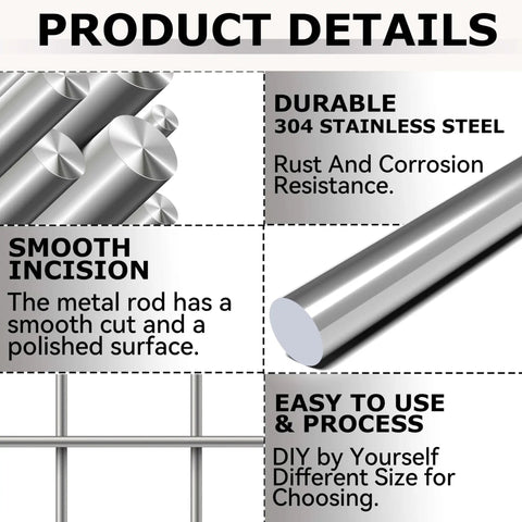 Product details showing 10 Pack 2mm x 300mm 304 Stainless Steel Round Rods for DIY projects and metalworking with smooth cuts description.
