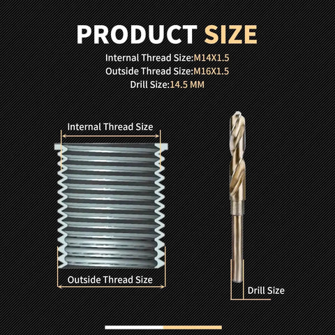 M14x1.5 Thread Repair Kit With Stainless Steel Inserts, Drill, Tap, Counterbore, Install Driver, Guides, 9.4Mm Inserts, 10 Pack, Built Tough HSS Tool Kit In EVA Box showing thread and drill size.