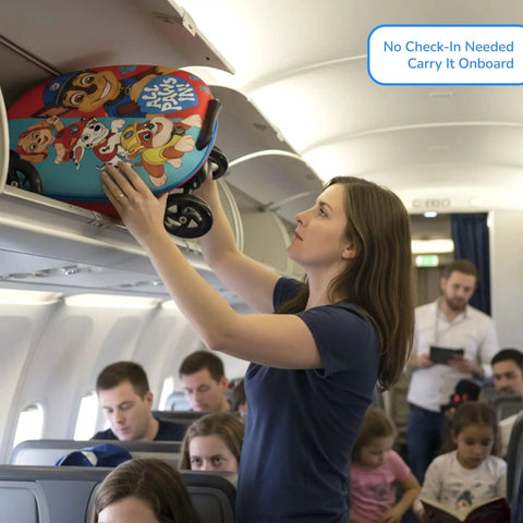 Woman placing Kids Ride On Suitcase Scooter Luggage with Light Up Wheels into airplane overhead bin, featuring Paw Patrol design.