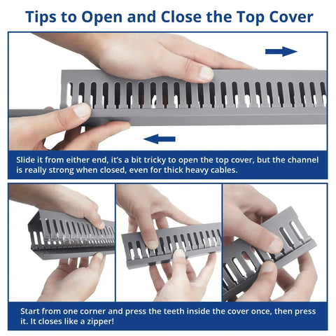 Instructions for opening and closing the top cover of Under Desk Cable Management Raceway Kit 6X 16.5 Inch Sections, Grey.