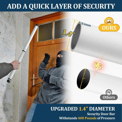 Three In One Door Security Bar With Heavy Duty Metal, Adjustable From Sixteen To Forty One Point Seven Inches in use securing a door against an intruder.
