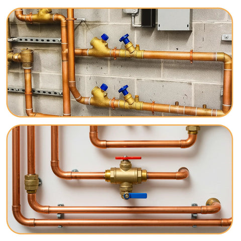 Copper HVAC piping with straight 3/8 in ID fittings and blue valve handles on wall installation
Close-up of copper pipe valve assembly with red handle and blue lever, 3/8 in ID HVAC tubing