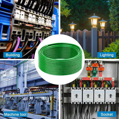 Built To Last THHN Wire 8 Gauge 25 Foot Stranded Copper Building Wire With Green Nylon Jacket Rated Up To 600V For Residential CNC Ground And Industrial Use displayed in a collage featuring building, lighting, machine tool, and socket applications.