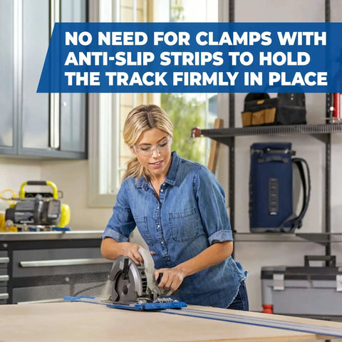 Accu Cut XL Universal Track Saw Guide System For Precise Straight Cross Rip And Angled Cuts Portable And Easy To Use With A Universal Sled That Lets Any Circular Saw Be Edge Guided By Kreg in use by person in workshop with anti-slip strips.