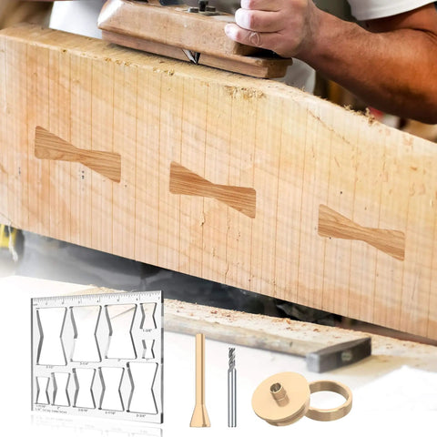 All In One 7 By 7 Inch Router Templates Set With Ten In One Bowtie Inlay And Butterfly Templates For Woodworking shown in use for precise cutouts on wood.
