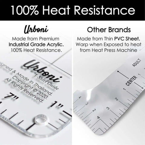 Comparison of Premium Industrial Grade Acrylic ruler with 100% heat resistance and a thin PVC sheet ruler for heat press.