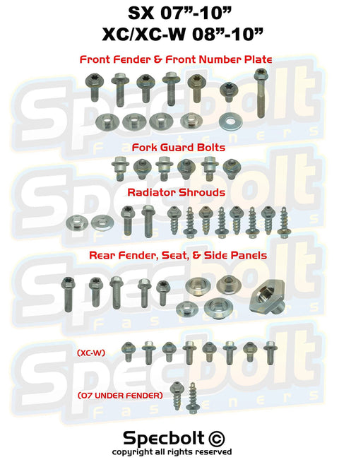 Full Plastics Body Fastener Bolt Kit Fits 50 65 85 105 125 200 250 300 450 505 SX 07 10 And XC XC-W 08 10 Complete OEM Style Replacement Fastener Set For Plastic Panels displayed with bolts and fasteners.