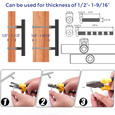 Installation guide for 30 Pack Matte Black Stainless Steel 7.38 Inch Square Cabinet Pulls showing tools and thickness specifications.