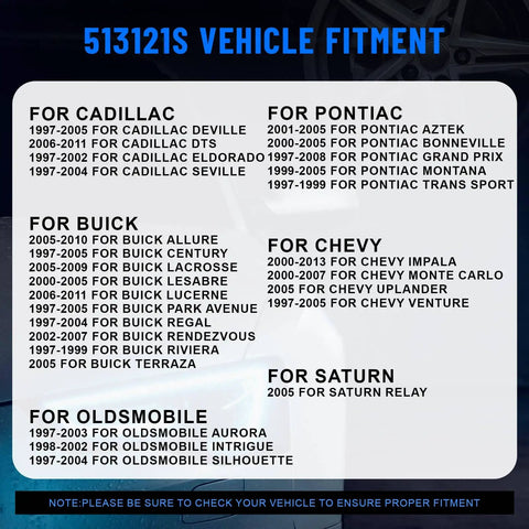 Vehicle fitment list for Chevy, Cadillac, Pontiac, Buick, Oldsmobile, and Saturn models from 1997 to 2011