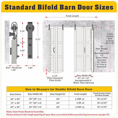 Diagram showing standard bifold barn door sizes with measurements for Frosted Glass Bifold Closet Doors Kit 60 Inch By 84 Inch Three Lite Panels