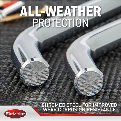 Close-up of chromed steel heavy duty trailer hitch lock showing corrosion-resistant design with polished ends.