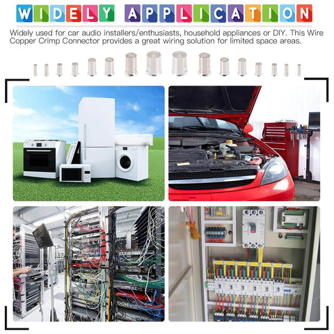 380 Pcs Wire Ferrule Kit With Eight Sizes From AWG 12 To 2/0 Copper Silver Plated Crimp Connectors displayed with various applications.