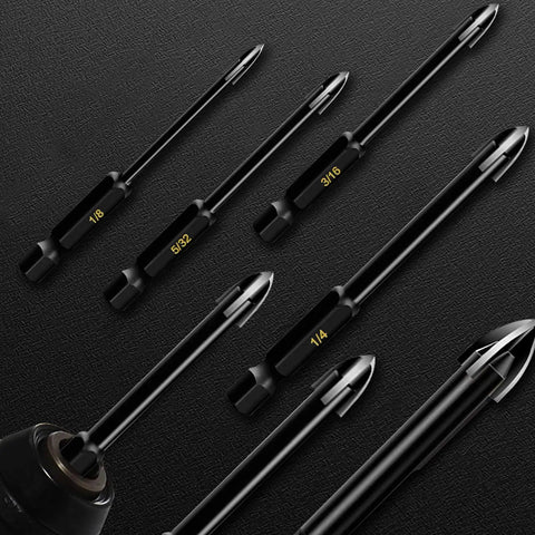 10 Piece Glass Concrete Drill Bit Set With Hex Shank Tungsten Carbide Tips For Masonry Drilling In Brick Plastic Wood And Ceramic Tile Mirror Surfaces On Concrete And Brick Walls Heavy Duty Pro Grade Bits That Cut Through Ceramic Tile Like Butter, shown on black background with visible hex shanks and carbide tips.