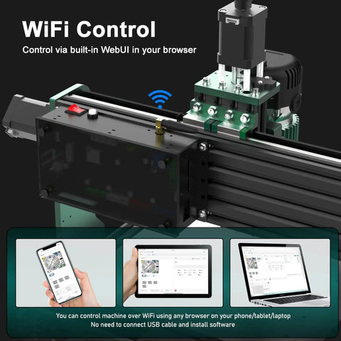 CNC Router Machine 3030 Evo Max With All Metal XYZ Axis And Dual Steel Linear Guides Built For Cutting Aluminum Brass Stainless Steel Wood Acrylic MDF And Plastics Beefy 800W Trim Router And Upgradeable 1.5 Kilowatt Spindle with WiFi control on mobile and laptop screen.