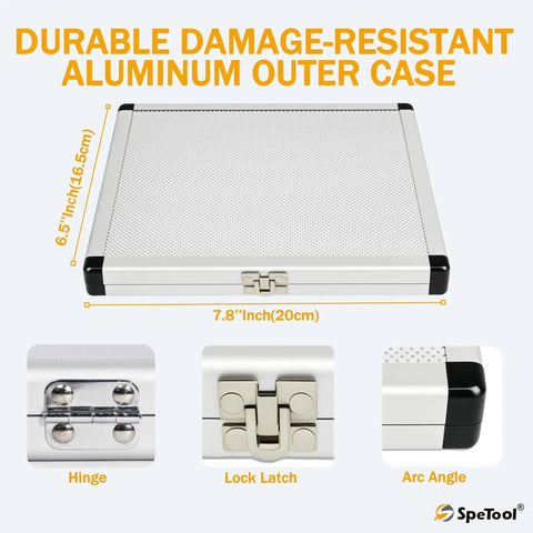 Pro Grade 13 Piece Brass Router Templates Bushing Guide Set aluminum case with hinge and lock latch details