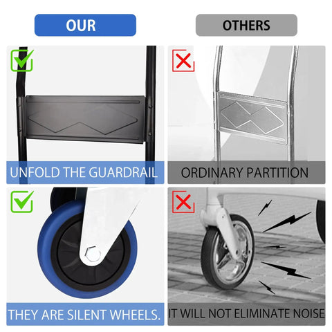 Comparison of foldable push cart dolly with 360-degree swivel silent wheels and non-marking wheels versus noisy alternative