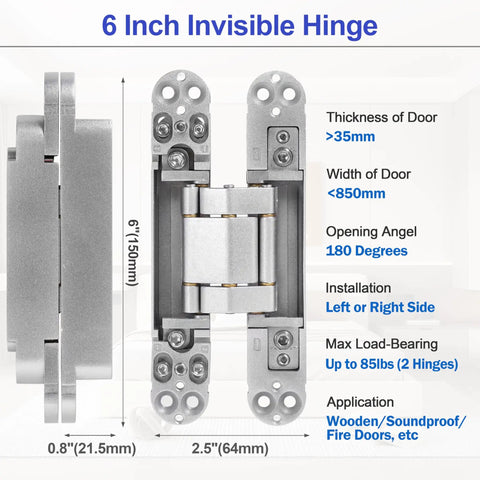 2 Pack 6 Inch Hidden Door Hinges For Doors Concealed Invisible Hinges With 180 Degree Swing Heavy Duty 3 Way Adjustable Silver XMZ DDUP Built To Last Durable Door Hardware For Residential And Commercial Use shown with dimensions and specifications