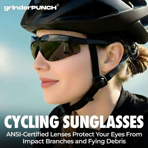 A woman wearing cycling sunglasses with ANSI-certified lenses for eye protection, outdoor cycling gear visible.
