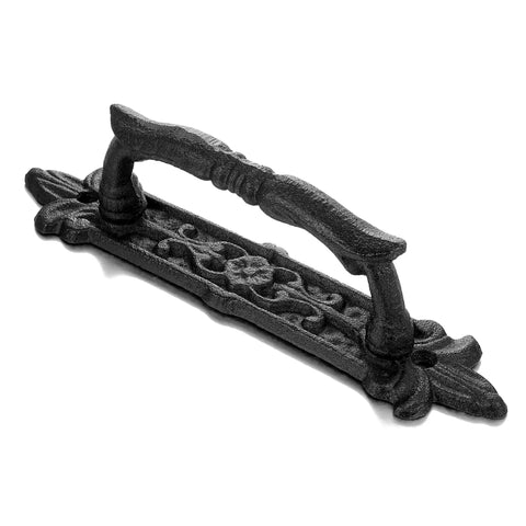 Heavy Duty 2 Pack 8.9 Inch Black Cast Iron Barn Door Handles with ornate detailing, rustic vintage hardware, weather resistant finish.