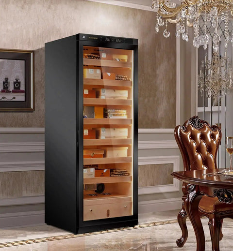 Premium 380L Humidor Cabinet With Constant Temperature And Humidity Wood Frame In Piano Black Finish Seven Premium Cedar Trays