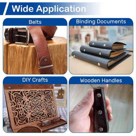 Image showing applications of 130 Sets Chicago Screws Kit In Silver For Leather Crafting And Gear Making With Eight M5 Sizes And Three M4 Lengths.