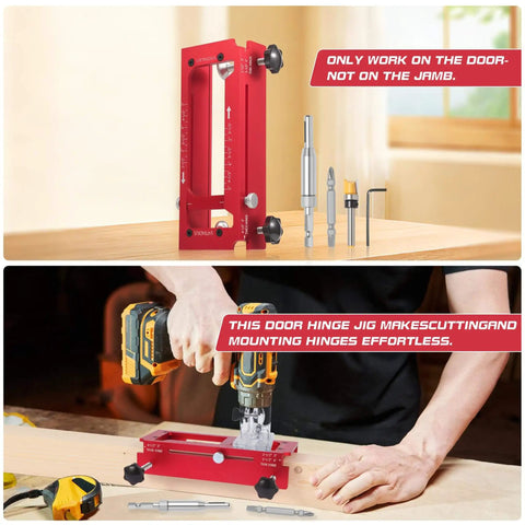 Upgrade Aluminum Door Hinge Jig For Adjustable Mortising Template Fits Two And A Half To Five Inch Door And Cabinet Hinges With One Quarter And Five Eighths Inch Radius And Square Corner Tools 6061 Aluminum Alloy Construction displayed with tools in use