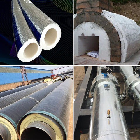 Ceramic fiber blanket kit: two white insulated tubes, wrapped kiln, foil-faced insulation rolls, stainless steel pipes.